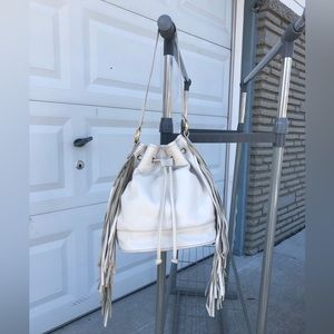 Pietro White Leather Fringe Drawstring Bag